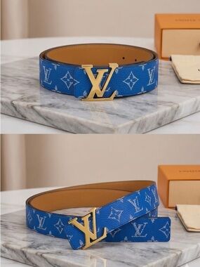 LV Blue Monogram Belt with Gold LV Buckle